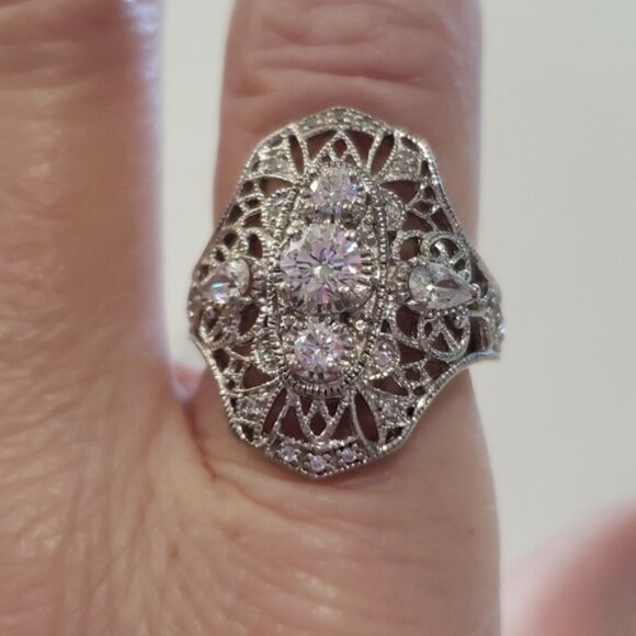 Retro 1920's Vintage Style Filigree 925 Anniversary Ring Unique Long Ring - Picture 4 of 7